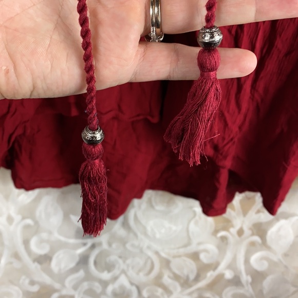 Artesia Boho Chic Peasant Blouse Red Lace trim lace up long sleeve shirt Medium - Picture 7 of 13